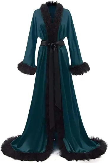 Women's Satin Robe Fur Luxurious Bathrobe Sleepwear Feather Robe with Belt