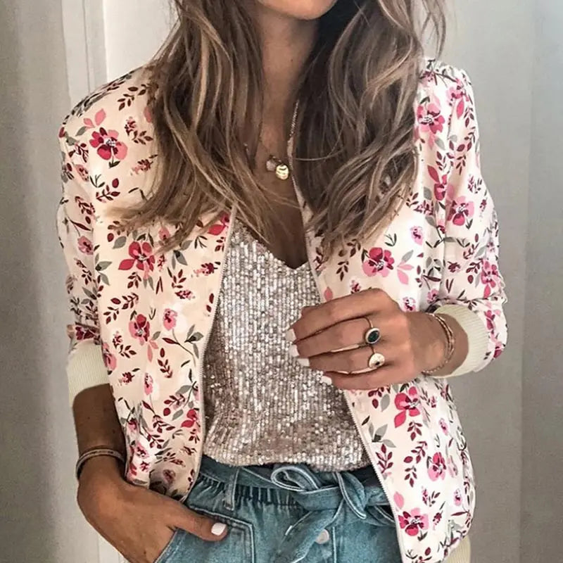 Women Elegant Zipper Bomber Jacket Floral Printed Jackets Office Wear Coat Retro Outwear