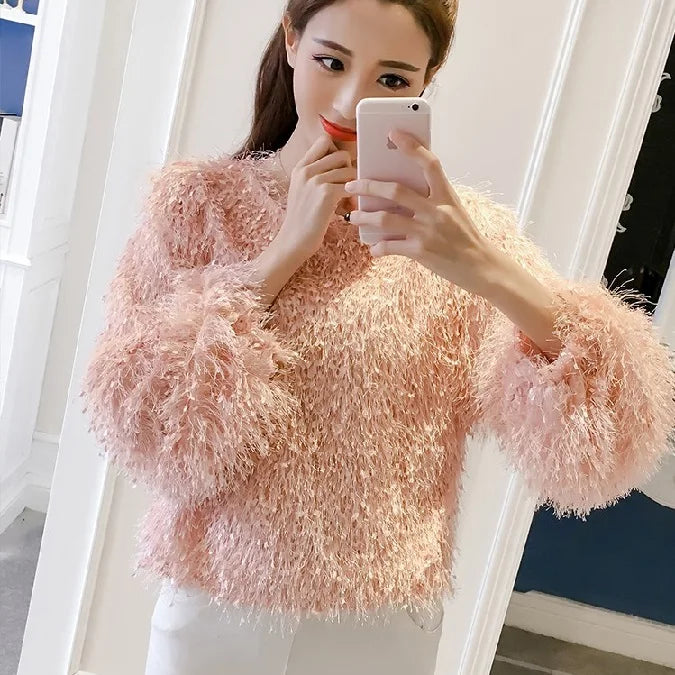 Spring Autumn Tassel O-neck Lantern Sleeve Short Blouses