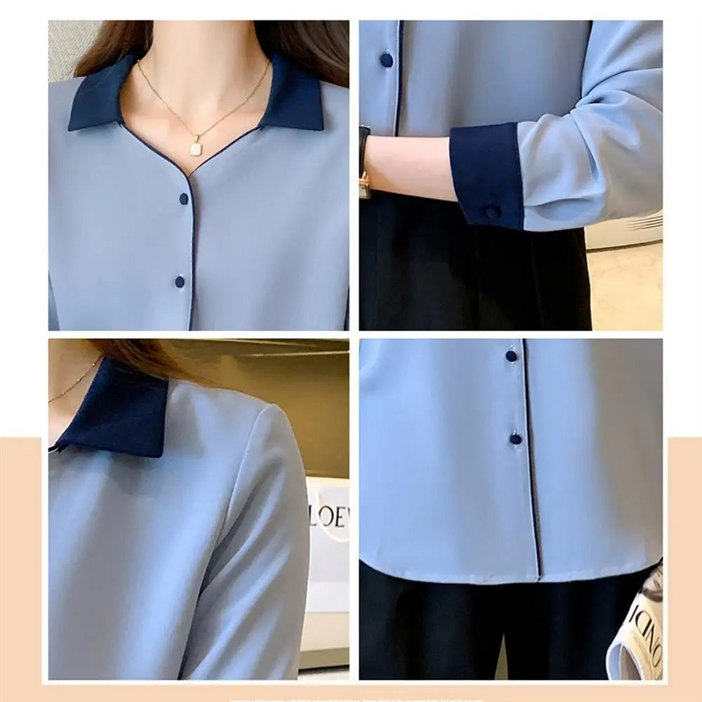 Solid Basic Chiffon Shirts Long Sleeve Lapel Blouse