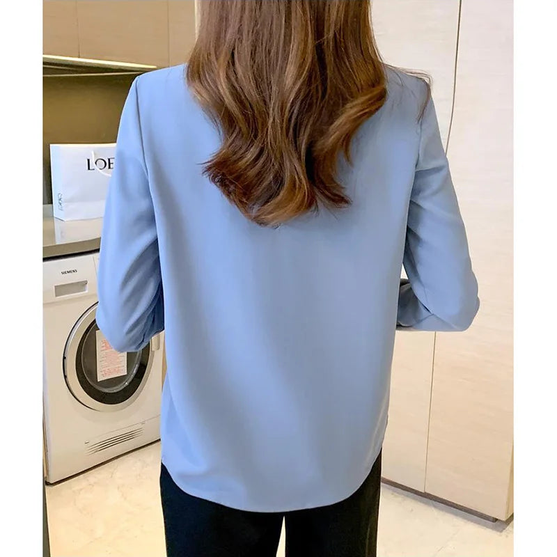 Solid Basic Chiffon Shirts Long Sleeve Lapel Blouse