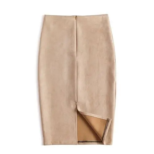 Suede  Knee Length High Waist Office Skirt