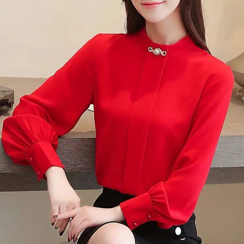 Solid Stand Collar Chiffon Shirt Office  Lantern Sleeve Loose Oversized Blouse