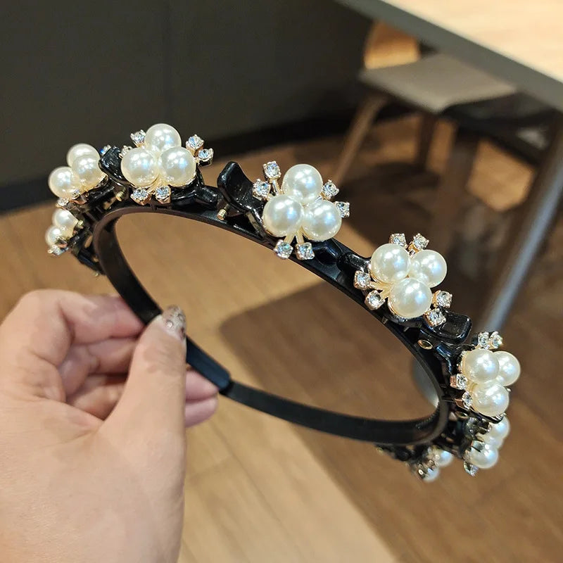 Double Layer Bands Clip Hairbands Fashion Plastic Braided Headband Knitting Women's Headwear Hair Accessories Pearl