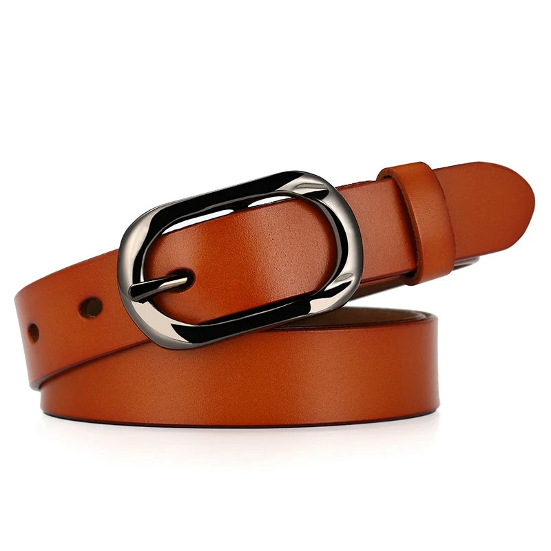 Leather Belt Hard Metal Buckle Natural Cowhide 2.3cm Thin