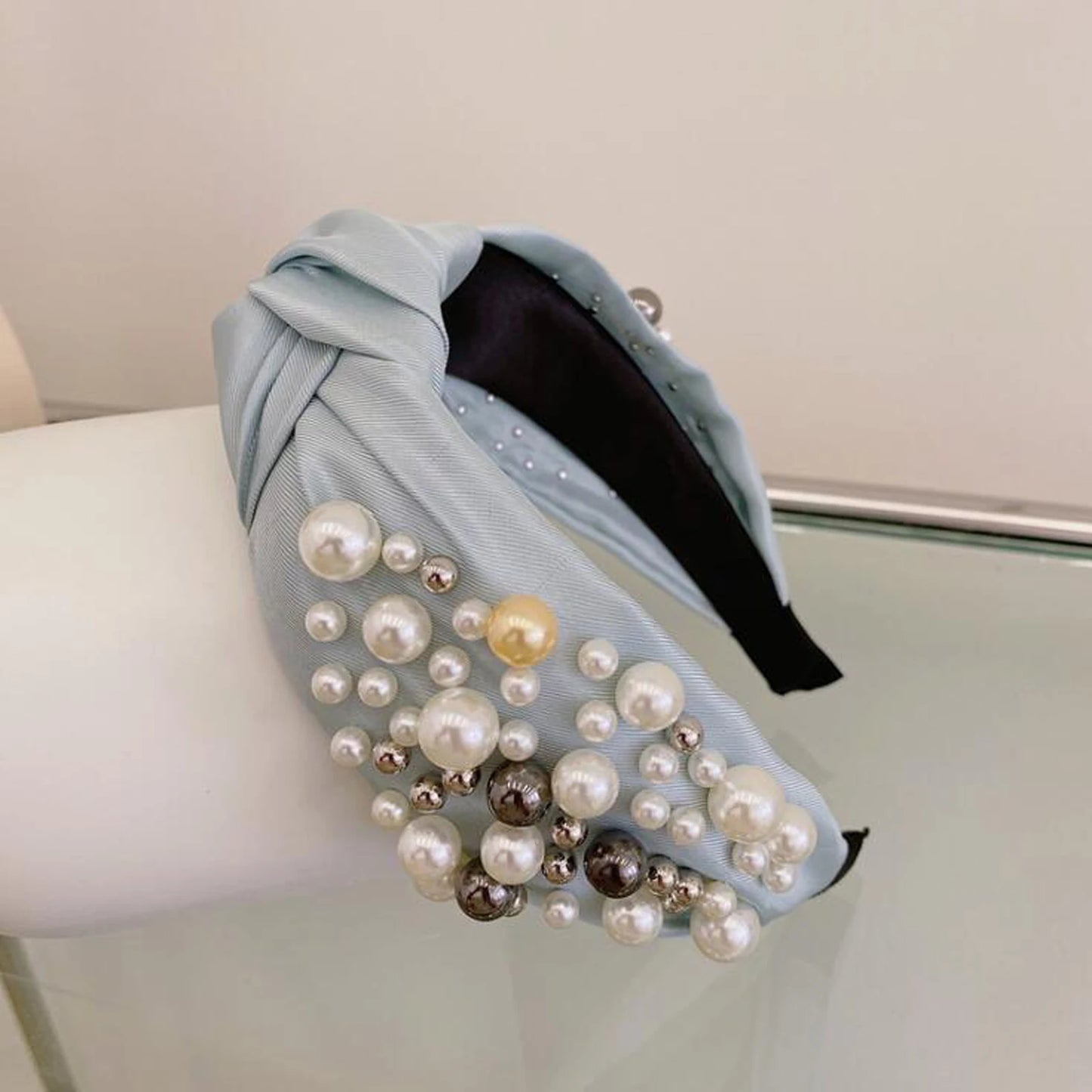 Fashion Women Hair Accessories Wide Side Headband Mix Pearls Baroque Hairband For Adult Center Knot Headwear
