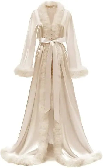 Women's Satin Robe Fur Luxurious Bathrobe Sleepwear Feather Robe with Belt