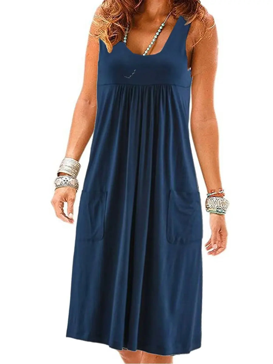 Fashion striped dress  summer dress  loose simple sleeveless dress women's clothing Pockets