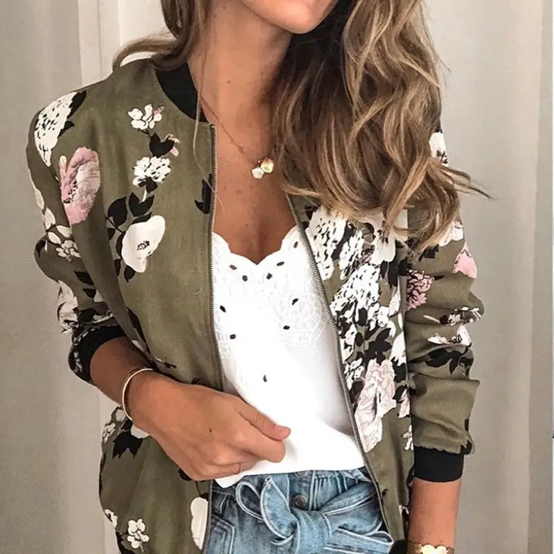 Women Elegant Zipper Bomber Jacket Floral Printed Jackets Office Wear Coat Retro Outwear