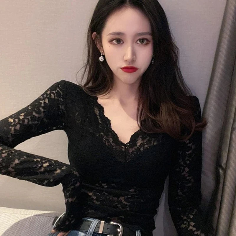 Lace Blouses  Casual Long Lace Sleeve V-Neck