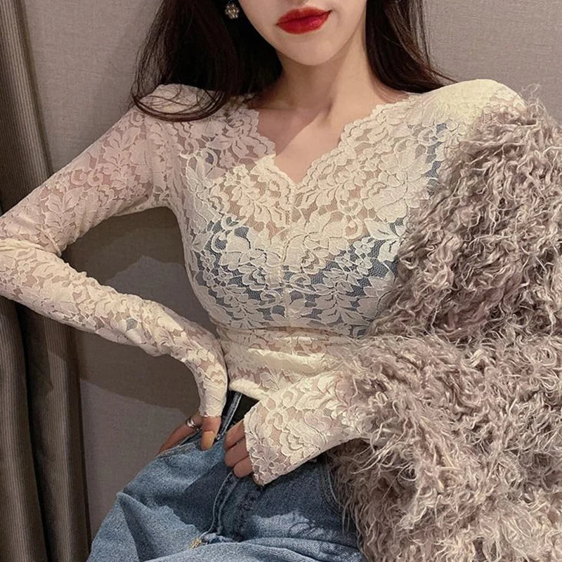 Lace Blouses  Casual Long Lace Sleeve V-Neck