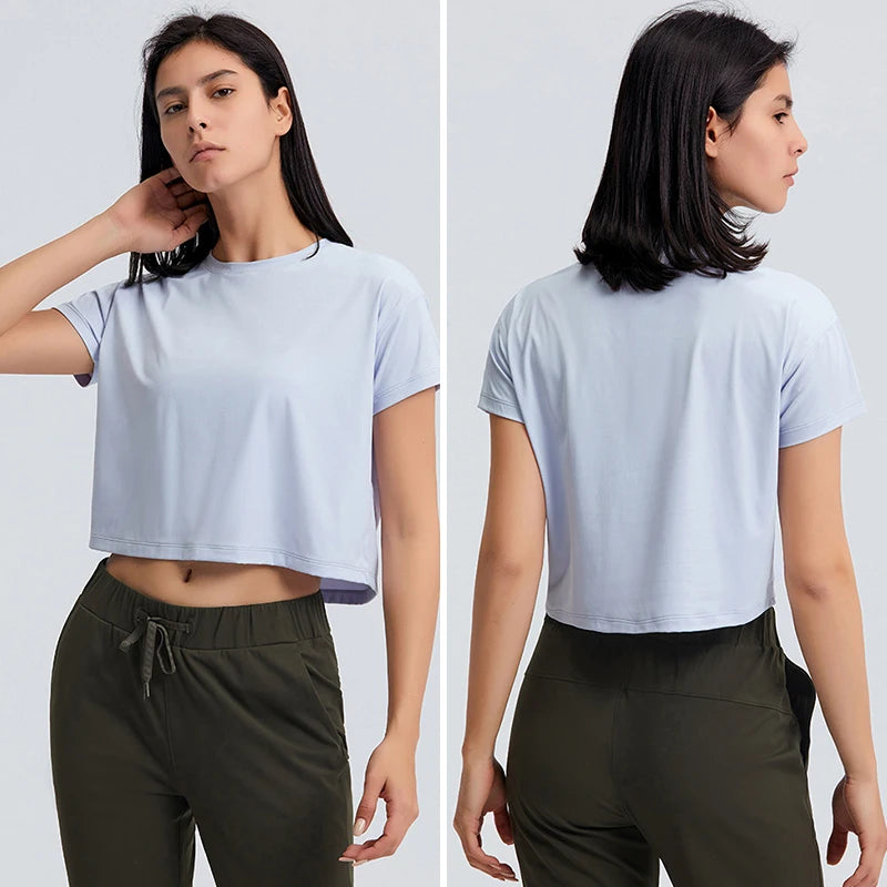Loose Blouses Women Seamless Sport t-Shirts  Yoga Crop Top Short Sleeve Running Shirts Solid Quick Dry Fitness Gym Crop Tops