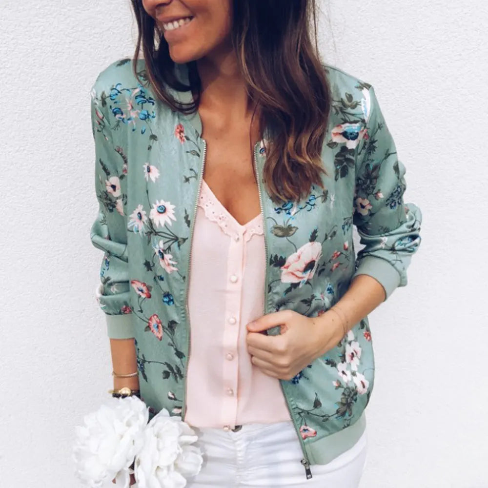 Women Elegant Zipper Bomber Jacket Floral Printed Jackets Office Wear Coat Retro Outwear