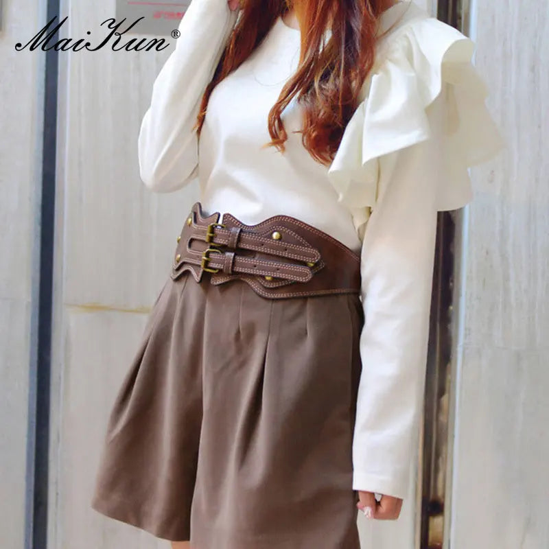 Crazy Horse Leather Double Pin Buckle Women's Elastic Wide Belt All-match Women's Coat Girdle