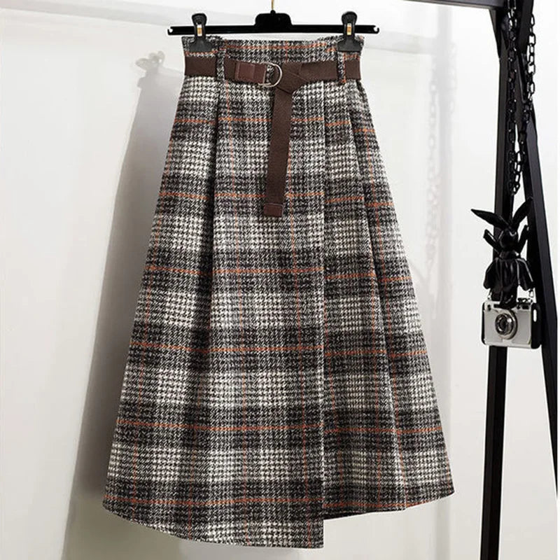Plaid Vintage Knit Elastic High Waist With Belt A-line  Skirt