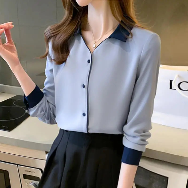 Solid Basic Chiffon Shirts Long Sleeve Lapel Blouse