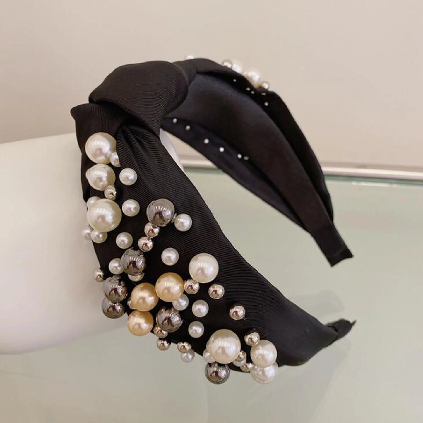 Fashion Women Hair Accessories Wide Side Headband Mix Pearls Baroque Hairband For Adult Center Knot Headwear