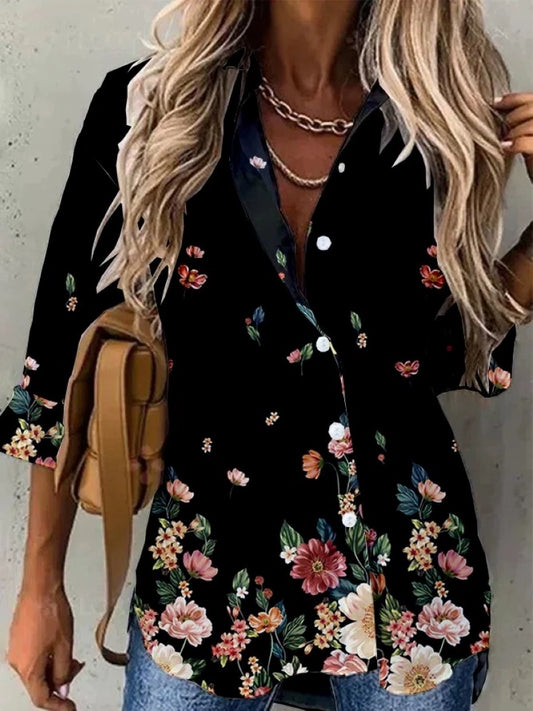 Fashion Polo Long Sleeve Shirt Women Fashion Print Casual Polo Collar Long Sleeve Shirt Button down