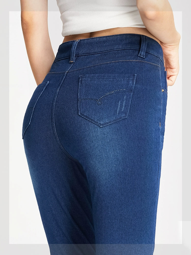Elegance High Waist Full Elastic Waist Embroidered Butterflies Leggings Denim