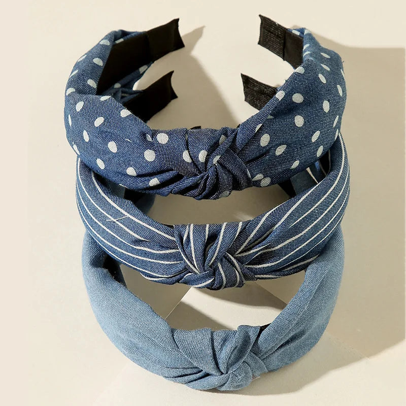 1/3pcs Knotted Print Denim Cloth Headband for Women Girls Face Wash Hair Hoop Simple Denim Headpiece