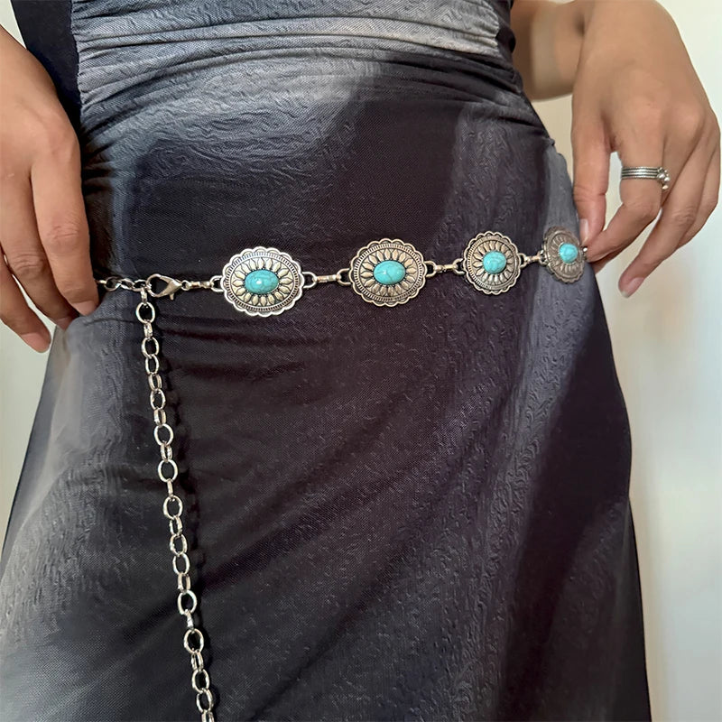 Fashion Silver Bohemian female circular waist chain luxury turquoise gemstone Ellipse chain belts for women
