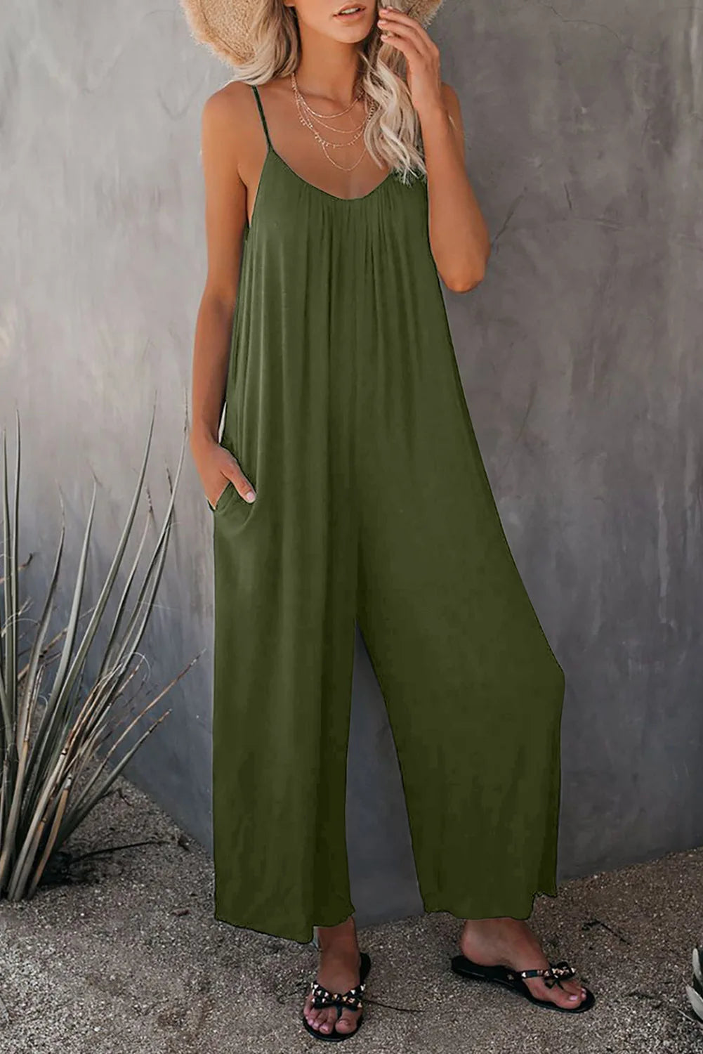 European and American Suspender  Women's Summer Foreign Trade Solid Color Pocket Casual Jumpsuit