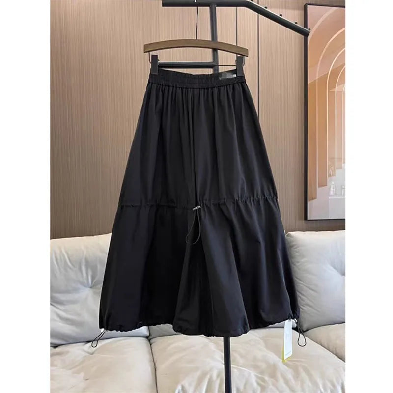 Loose Casual Cotton Denim Patchwork A-line Mid-calf Elastic Waist Skirt