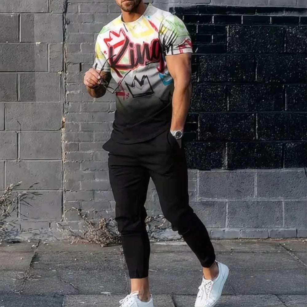 Summer King Letter 3D printed T-shirt and sports pants set for men's fashion sportswear, oversized short sleeved T-shirt and pants