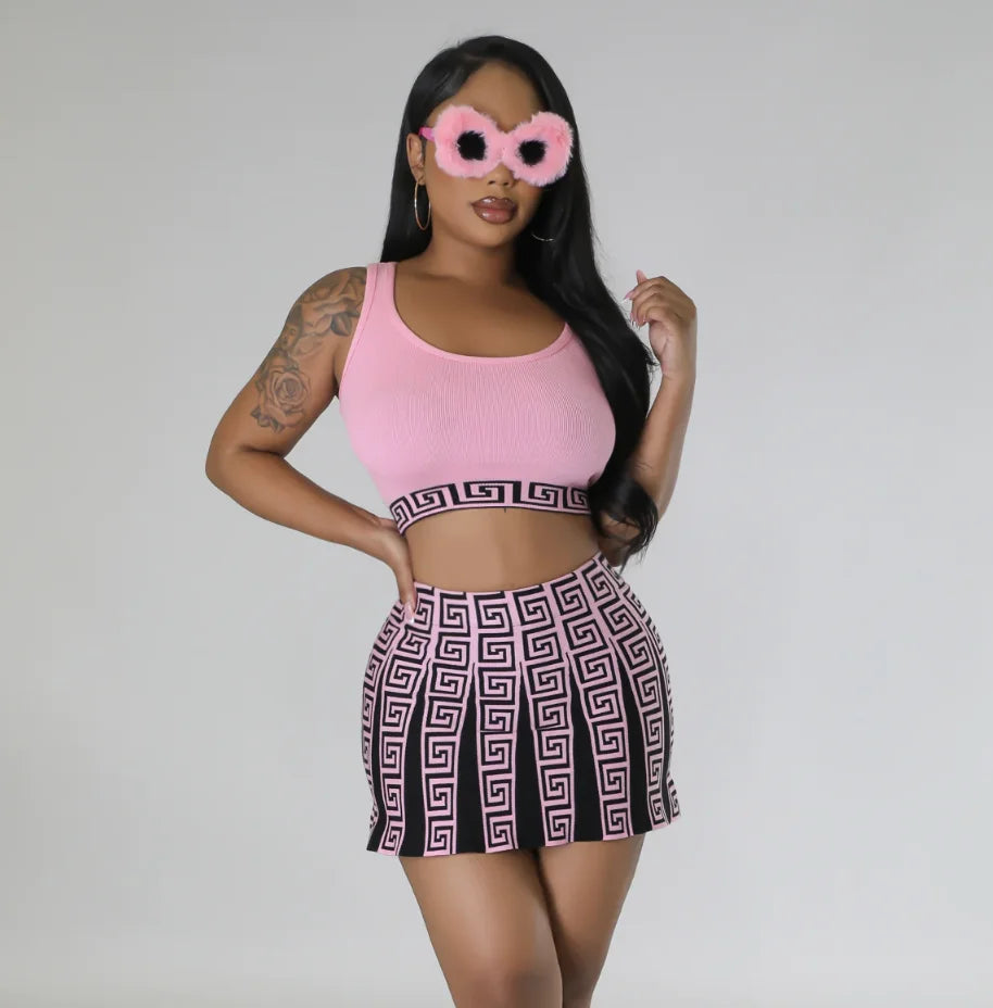Summer Two Piece Set Knitted Sleeveless Crop Top Slim Fit Top Women Sets Skirt Set