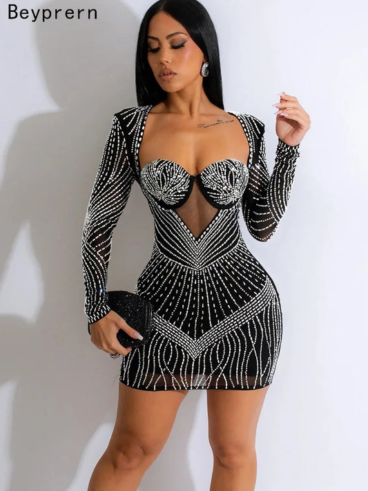 Black Rhinestone Padded Mini Dress