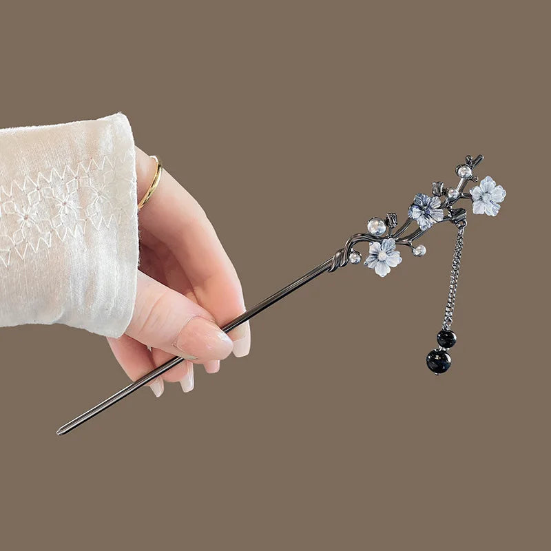 Modern Hair Stick Ink Flower Metal Tassel Hairpin Forks For Women  Beads Fringe Hair Clasp
