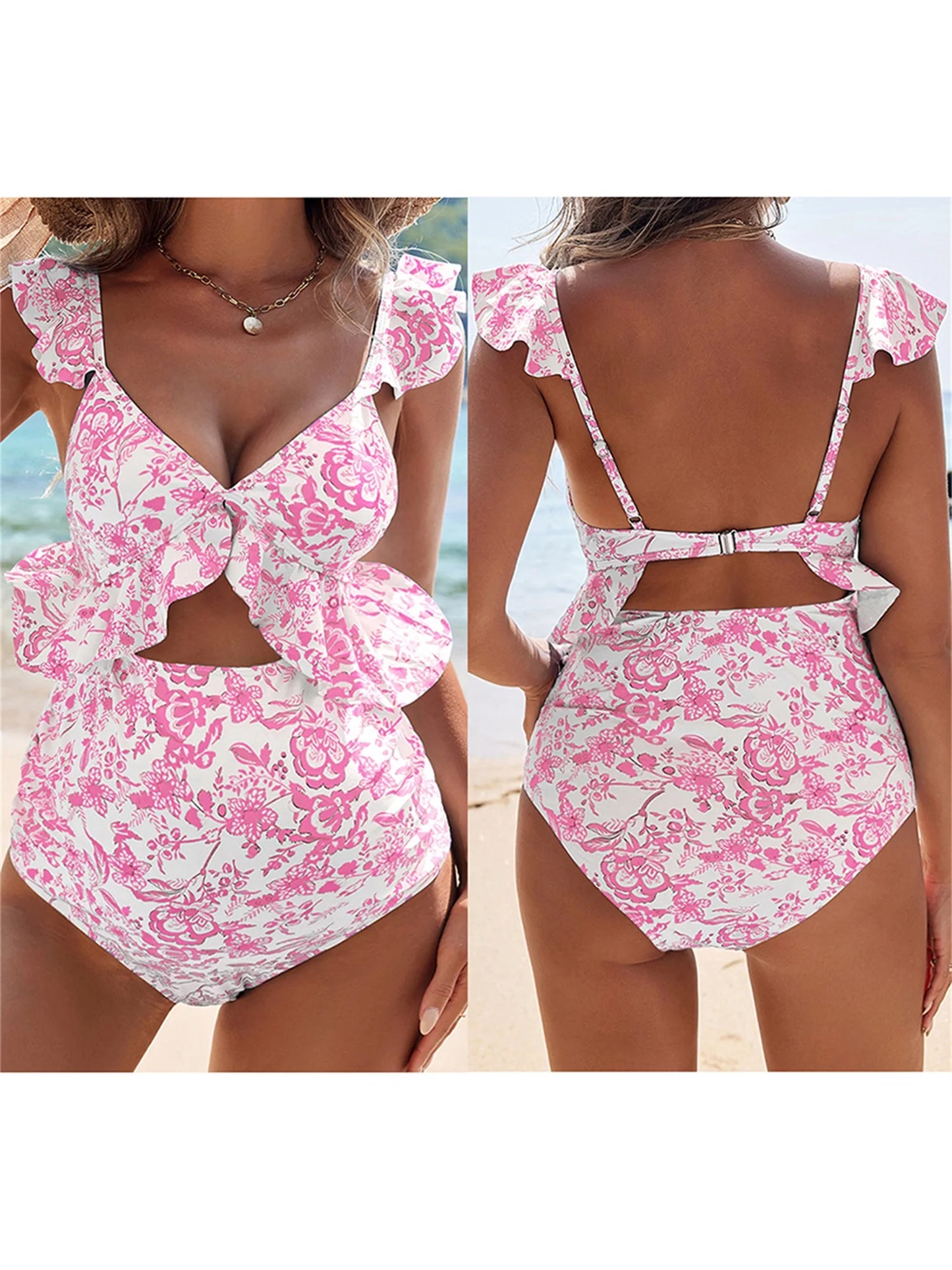 Pink Tropical Print Swimsuit – Pregnancy-Friendly Women’s Bathing Suit with Cutout