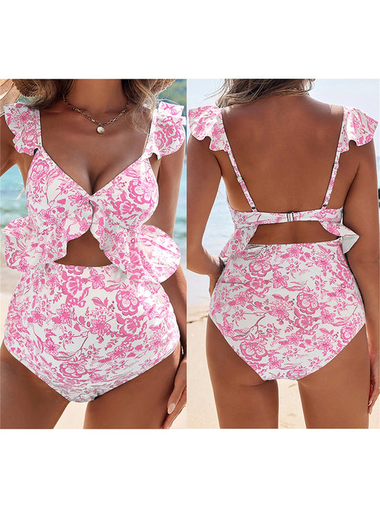 Pink Tropical Print Swimsuit – Pregnancy-Friendly Women’s Bathing Suit with Cutout