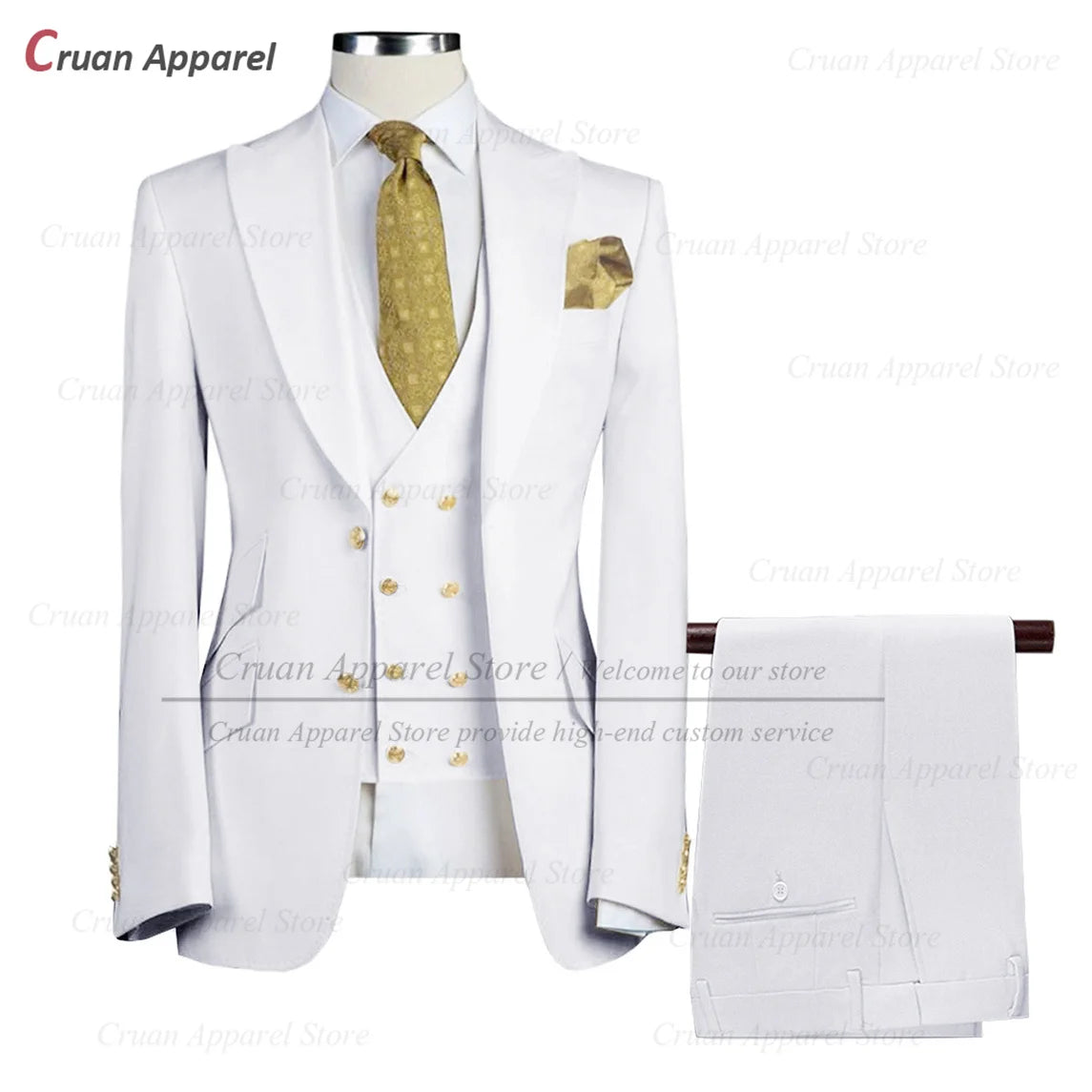 Tailor-made Brand Suits for Men Slim fit Prom Wedding Groom Tuxedo Set Party Gold Buttons Blazer Vest Pants 3 Pieces