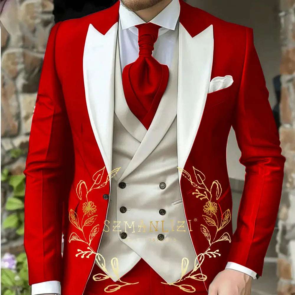 Classic Men's Suit 3 Piece Tuxedo Peaked Lapel Groomsmen Wedding Suits Set Fashion Men Business Blazer Pants Vest