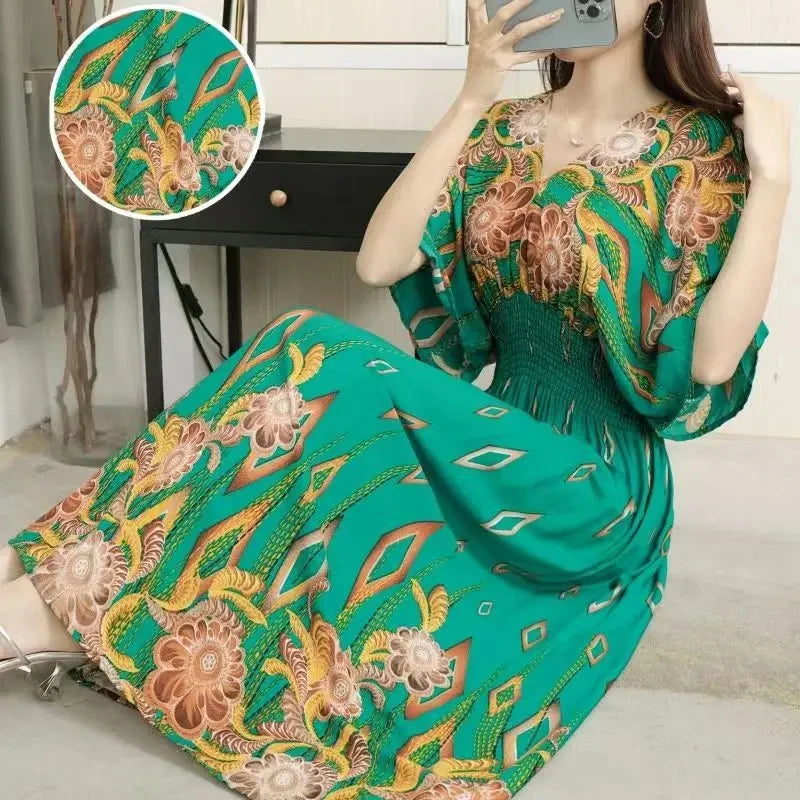 Colorful Flower V-neck Elastic Youthful Bohemian Sweet Midi Dress Woman Clothes Chic Fashion Summer Dresses