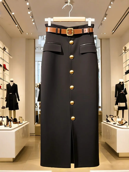 Office  All-match Buttons Skirt  High Waist A-line