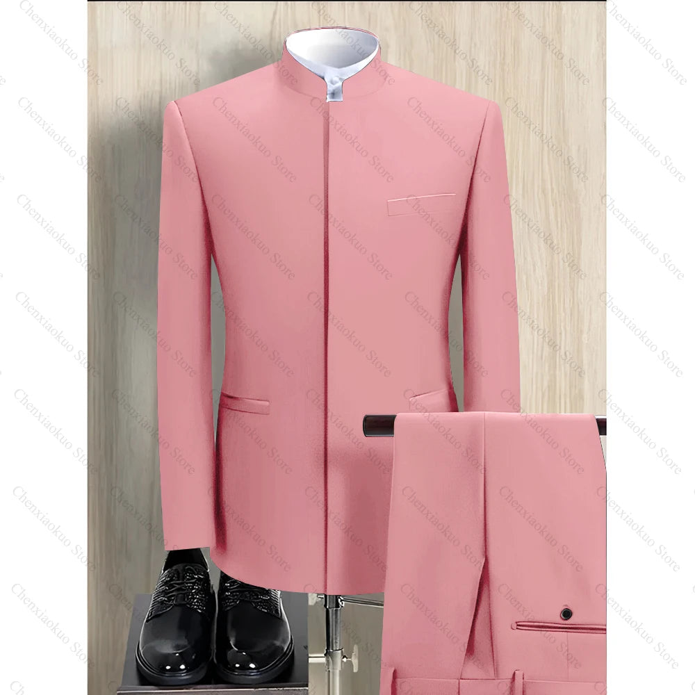 Fashion Solid Men Suits 2 Piece Stand Collar Long Sleeves Formal Outfits Chic Business Casual Wedding Tuxedo (Blazer+Pants)