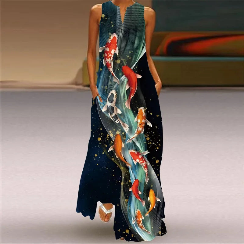 Vintage Print Maxi Dress For Women Summer Loose Sleeveless Long Dresses Elegant Lady V Neck Pocket Boho Beach Sundress Vestidos