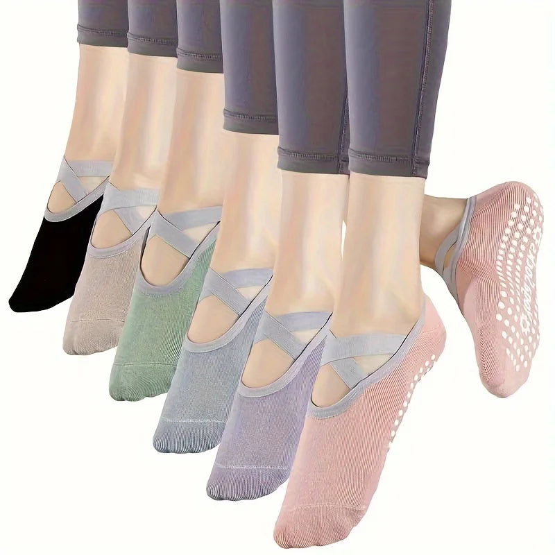 6 Pairs Cross Strap Yoga Women's Socks, Non-Slip Soft And Comfortable Indoor Floor Invisible Socks