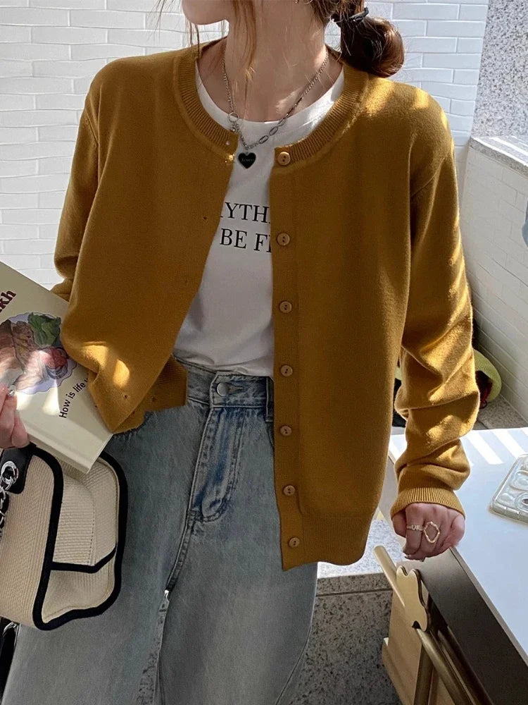 Cardigan Sweater Casual Warm Spring Summer Women O-neck Long Sleeve Single Breasted Slim Fashion