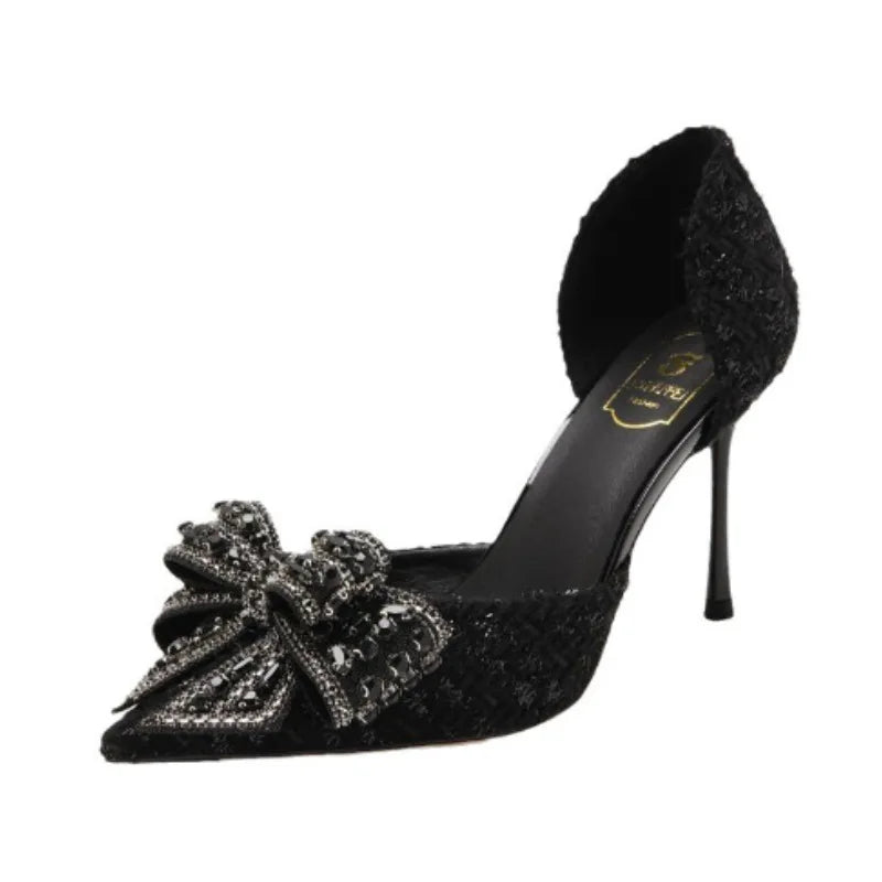 Fashion Pearl Crystal Bowtie Shoes  Designer High Heels Pumps Ladies Thin Heeled Party Shoes