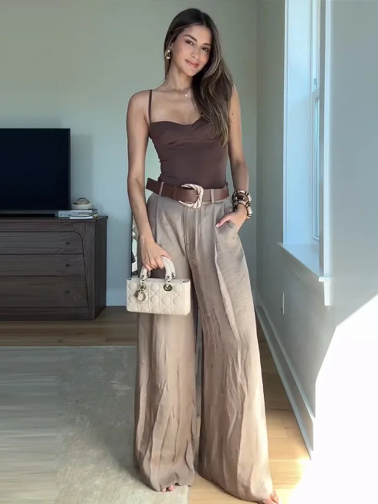 Straight Pants Solid High Waist Belt Pockets Wide Leg Long Trousers Lady Vintage High Street Wears Bodysuit Top or Vest