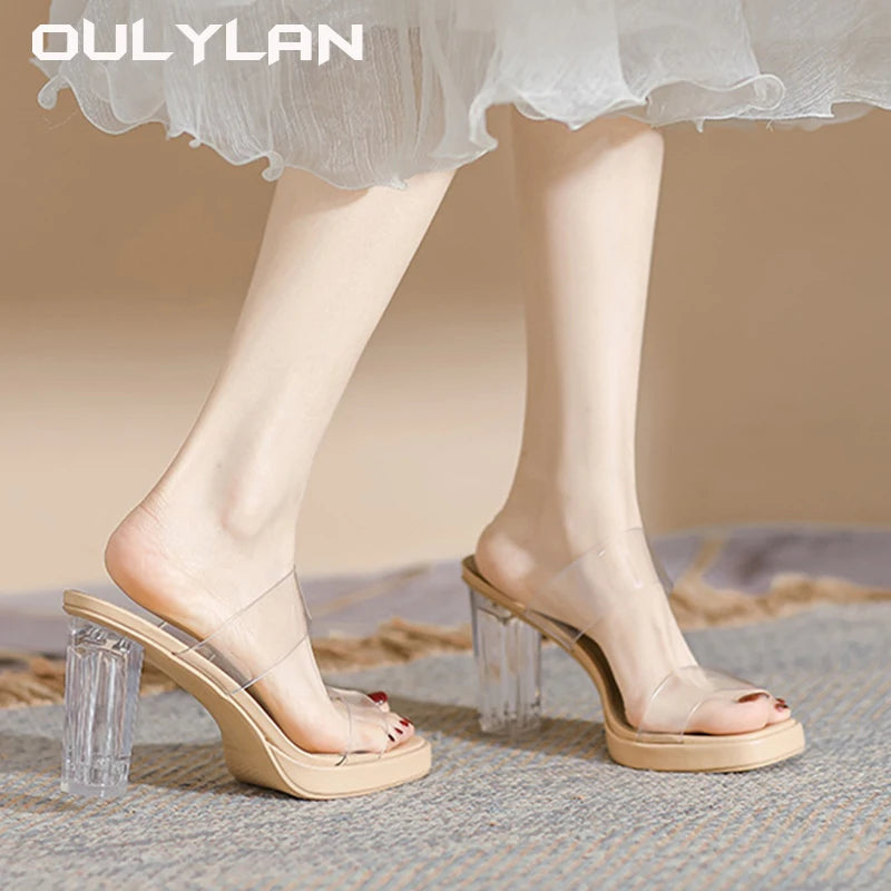 Summer Sexy Shoes Sheepskin Transparent High Heels Sandals for Outdoor Crystal Thick Heels