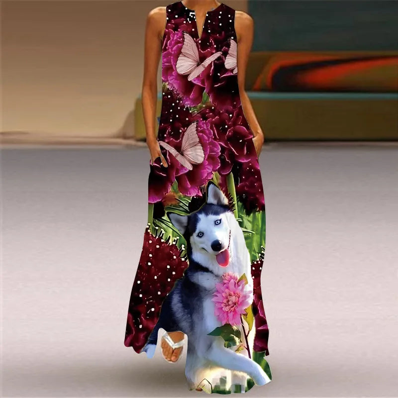 Vintage Print Maxi Dress For Women Summer Loose Sleeveless Long Dresses Elegant Lady V Neck Pocket Boho Beach Sundress Vestidos