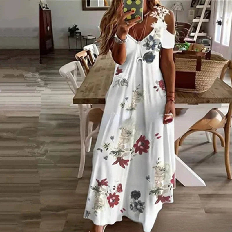 Women's Printed White Lace Cut-out Sleeves Dress Summer Fashion Casual Long Dress