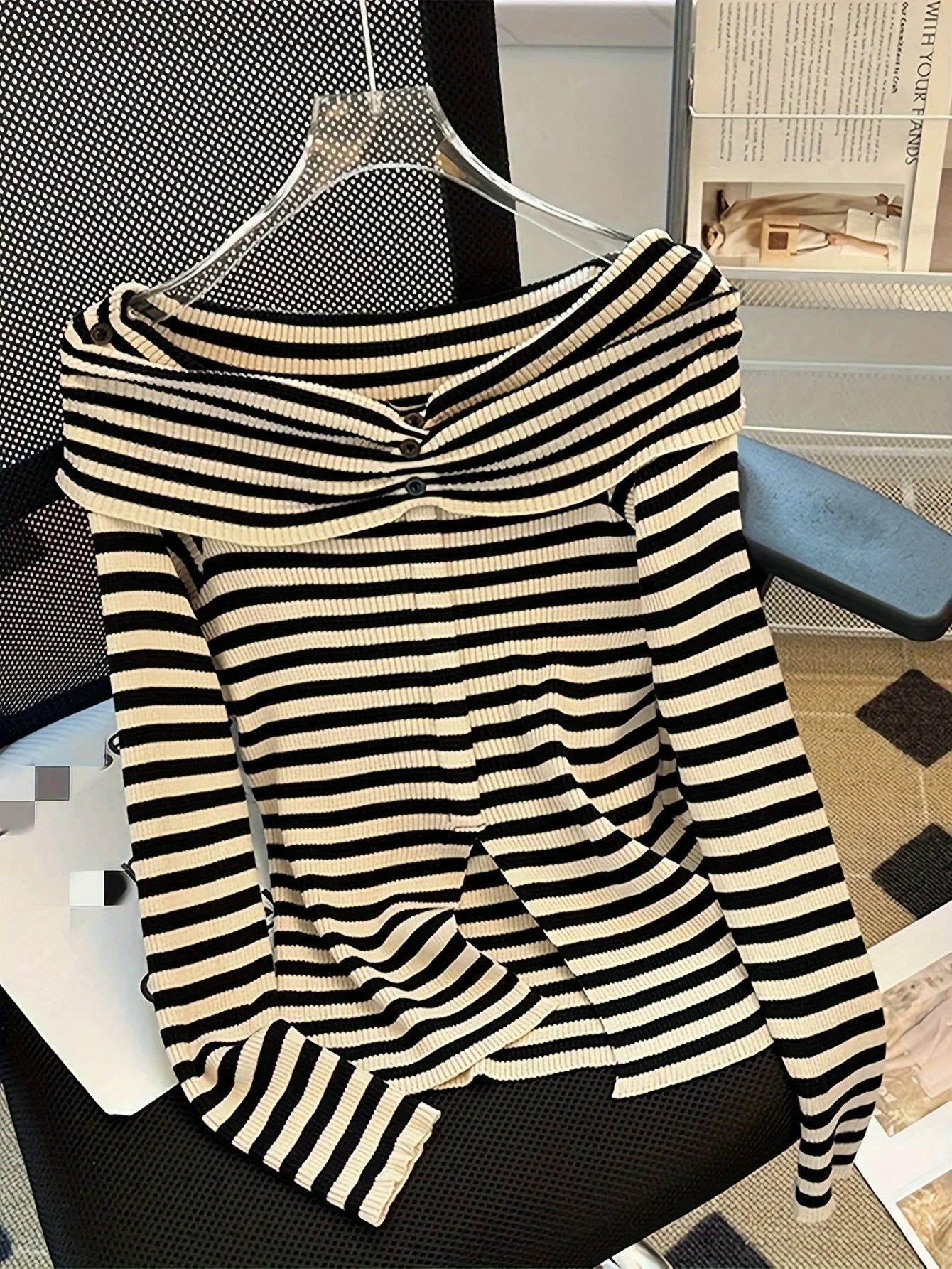 Striped Off Shoulder Knitted Top Casual Ruched Long Sleeve Split Sweater For Spring & Fall, Women's Clothing