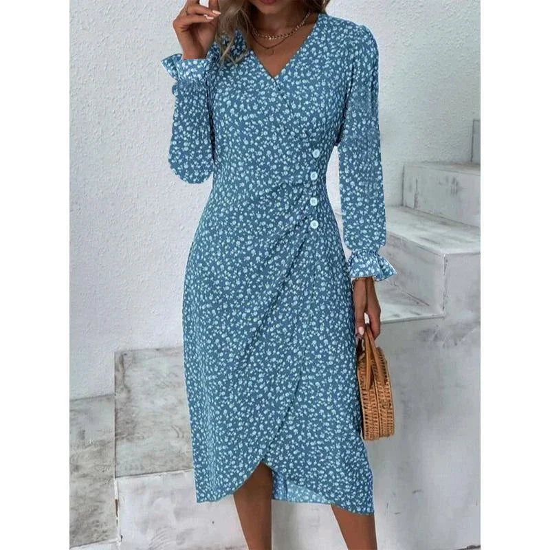 Elegant Floral Pleated H shaped Midi Dress Female V Neck Puff Sleeve Waist Ruched Button Dresses Women Summer Dress