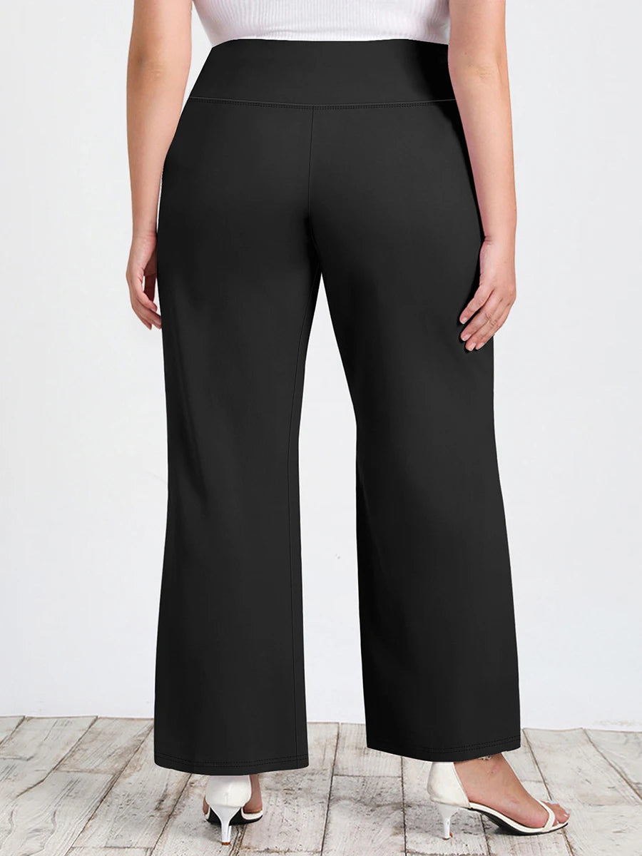Women Plus Size High Waist Wide Leg Palazzo Pants Solid Color Elastic Waist Flare Trousers Yoga