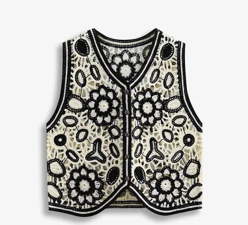 Sexy Hollow Out Knit Tank Tops Women Color block  V Neck Floral Camisole Female Beach Style Crop Top
